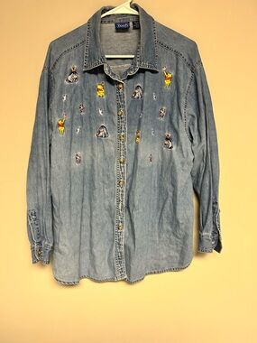 Vintage Pooh Light Blue Denim Button Down Shirt with Embroidered Characters